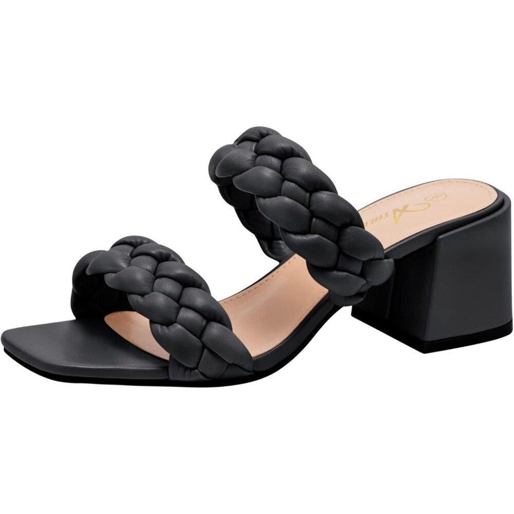 Athlefit Block Heels Black Leather Women's Open Toe Square Backless Sandals